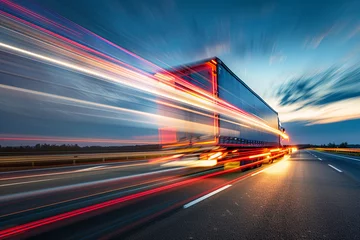 Papier peint photo Semi-truck moving on a highway at night with motion blur and light trails, representing transportation and logistics