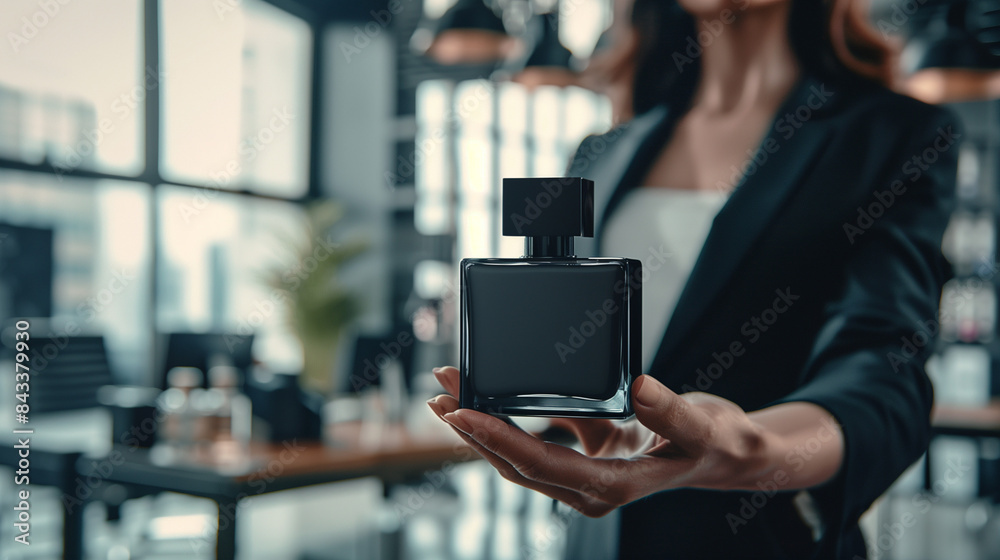 Wall mural mock up of a black square perfume bottle held by a woman in a suit, ai generated images - Wall murals