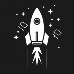 The image shows a white rocket flying upward on a black background.