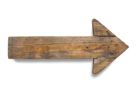 A wooden arrow pointing right isolated on white or transparent png. The arrow looks old and vintage, with a wood texture and signs of wear.