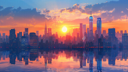 Fototapeta premium A bustling city skyline with modern architecture and vibrant colors under the morning sun.
