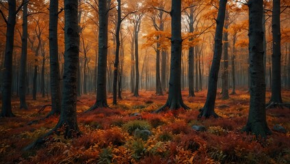 Fototapeta premium The enchanting beauty of a forest ablaze with the fiery hues of autumn ai_generated