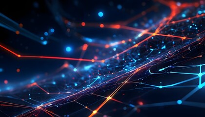 Obraz premium Create an abstract digital artwork that features a futuristic network of interconnected points and lines, glowing with vibrant blue and red hues. The background should be a dark, deep blue, giving a s