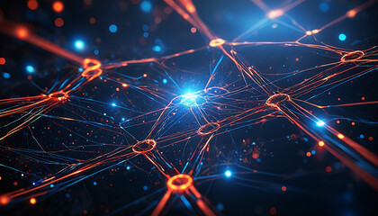 Obraz premium Create an abstract digital artwork that features a futuristic network of interconnected points and lines, glowing with vibrant blue and red hues. The background should be a dark, deep blue, giving a s