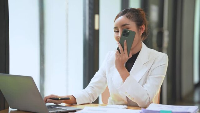 Successful business concept, Businesswoman holds and point financial document to analyzing dat