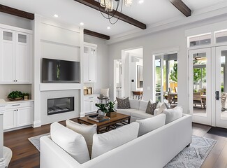 Modern home interior, living room with fireplace and dining area in the background