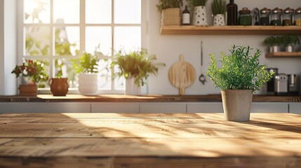 Fototapeta premium An empty wooden table with only a small green potted plant on it, simple, with light and shadows from the morning sun.