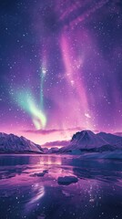 Naklejka premium Majestic Northern Lights Over Snowy Mountains - Stunning display of the northern lights over snowy mountain peaks and a serene frozen lake under a starry purple sky.