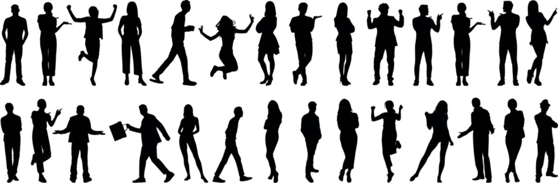 People silhouette vector, dancing, jumping, walking, business, casual, group, human figures, men and women, isolated black outline diverse pose illustration