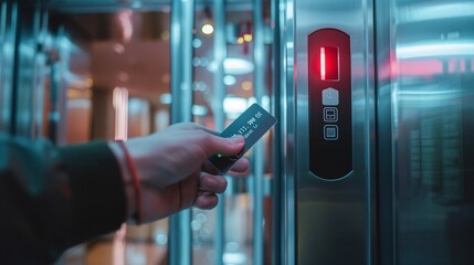 Use the Smart Card at the elevator to select your desired floor level. Security measures in apartments or workplaces. Elevator safety system.