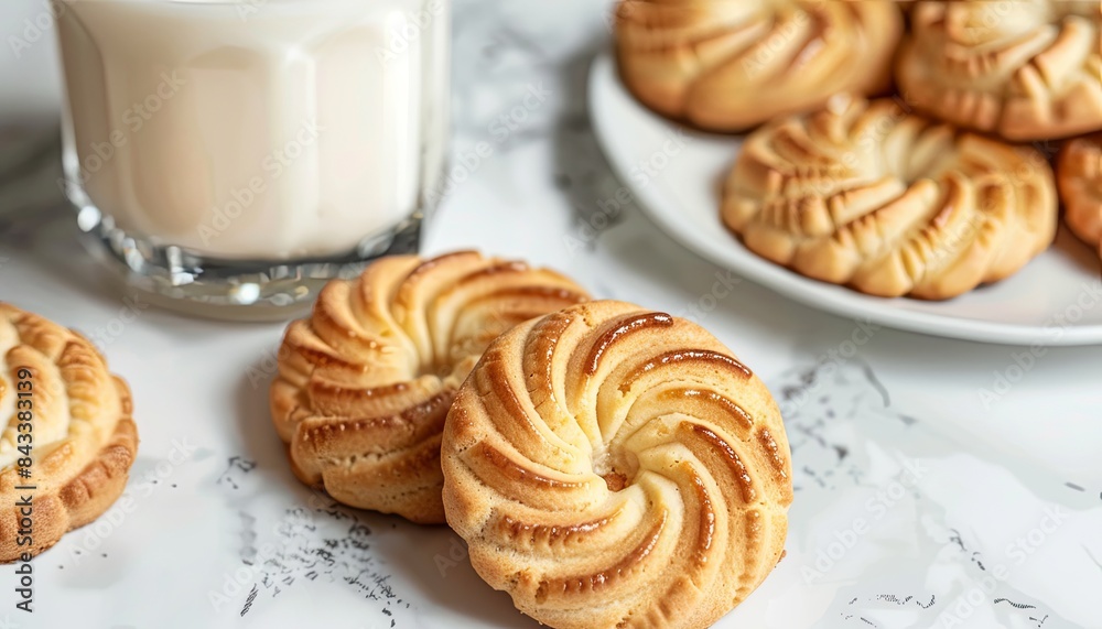 Canvas Prints Delicious Danish butter cookies and milk on white marble table, closeup