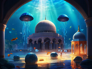 Eid al-Adha and The Mosque's Islamic Architecture and the Gorgeous View. Islamic Mosque, Ramadan, Background.