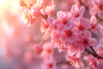 Blurred, rose-colored cherry blossoms on a nature backdrop. Flowering fruit trees in an orchard. Floral sign for farming or gardening industry.