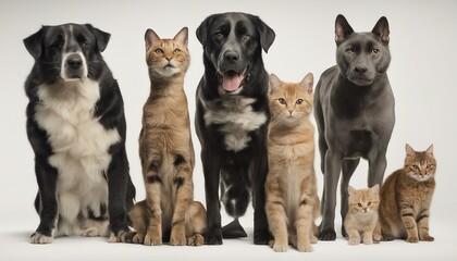 Six animals stand together: one dog, three cats (one to the left, two behind), one cat above, and a...