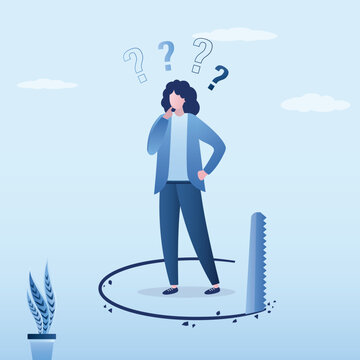 Businesswoman standing and thinking without knowing someone sawing floor to collapse and crash. Unexpected business mistake,