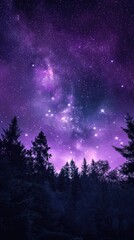 Enchanted Forest Under Purple Aurora - Captivating view of a forest silhouetted against a mesmerizing purple aurora borealis, illuminating the night sky with ethereal beauty.