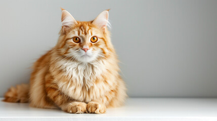 Portrait of a Siberian cat sitting on the floor clean studio background, Fluffy  hair kitty. Adorable domestic pet concept.