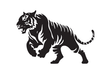Black tiger jumping silhouette vector art illustrator with white background black and white