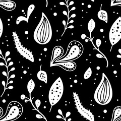 Seamless neo folk art vector pattern with flowers, black and white floral design. Neo folk style endless background perfect for textile design.