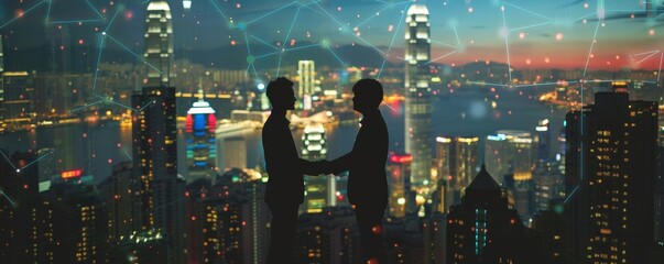 Fototapeta premium Two businessmen shaking hands over night cityscape with connection lines