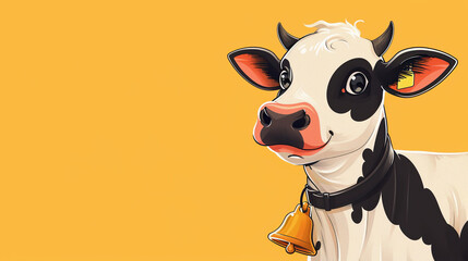 I imagine a cute cartoon cow isolated on a yellow background, suitable for a farm or nature-themed illustration