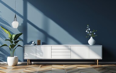 Modern interior design of a living room with a white cabinet and a dark blue wall background, wood floor