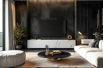 Modern interior design of living room with tv mock up, black wall and white cabinet in front view