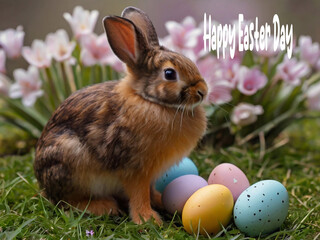 Happy Easter. Congratulatory Easter background. Easter eggs and flowers.