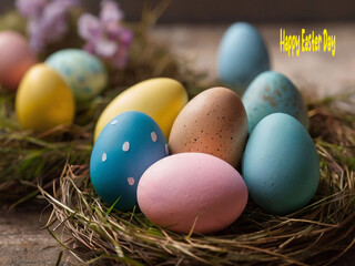 Happy Easter. Congratulatory Easter background. Easter eggs and flowers.