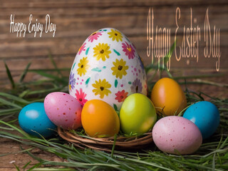 Happy Easter. Congratulatory Easter background. Easter eggs and flowers.