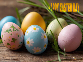 Happy Easter. Congratulatory Easter background. Easter eggs and flowers.