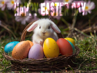 Happy Easter. Congratulatory Easter background. Easter eggs and flowers.