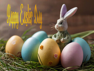 Happy Easter. Congratulatory Easter background. Easter eggs and flowers.