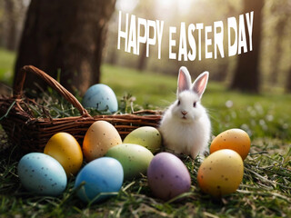Happy Easter. Congratulatory Easter background. Easter eggs and flowers.