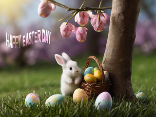 Happy Easter. Congratulatory Easter background. Easter eggs and flowers.