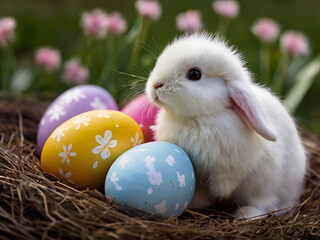 Happy Easter. Congratulatory Easter background. Easter eggs and flowers.