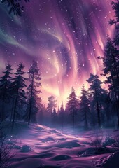 Enchanted Forest Under Purple Aurora - Captivating view of a forest silhouetted against a mesmerizing purple aurora borealis, illuminating the night sky with ethereal beauty.