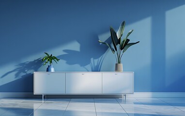 Modern interior design of living room with cabinet and blue wall background, 3D rendering, in the style of 8K HD