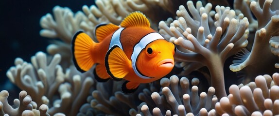 Clown fish and coral and fish, shiny aura, highly detailed, gold filigree, intricate motifs, organic tracery, perfect composition