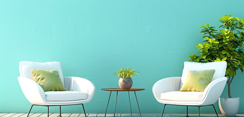 Inviting outdoor seating with two chic white chairs and a cozy table adorned with a vibrant green...