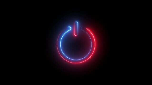 Glowing neon power reset button icon sign animation.