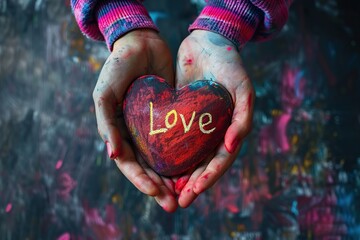 Hands holding a red heart with the word love written on it against an artistic background