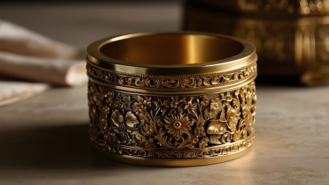 A stunning golden antique box, adorned with intricate engravings and delicate filigree, sits atop a velvet-lined pedestal. The warm glow of the sun catches the box just right, casting a mesmerizing sh - Powered by Adobe