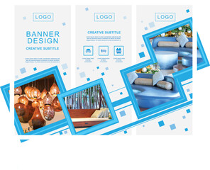 Dynamic active three-banner connected layout design with light blue and squares