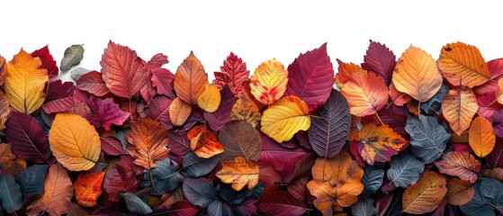 Fototapeta premium Vibrant arrangement of autumn leaves in various colors, perfect for seasonal backgrounds and designs.