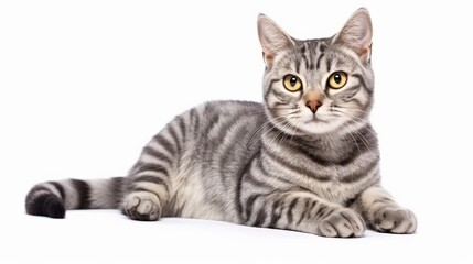 Obraz premium A beautiful grey tabby cat with striking yellow eyes lying down on a white background, showcasing its elegant fur pattern and relaxed pose.