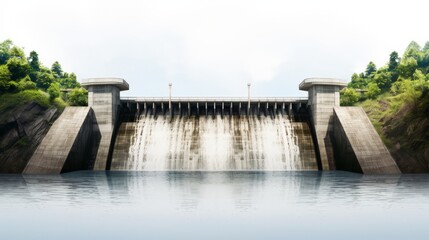 A modern concrete dam with flowing water surrounded by lush green trees and clear sky reflecting on the calm water surface below.
