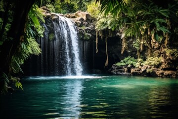 Fototapeta premium A serene tropical waterfall cascades into a deep turquoise pool, surrounded by lush greenery and vibrant foliage.