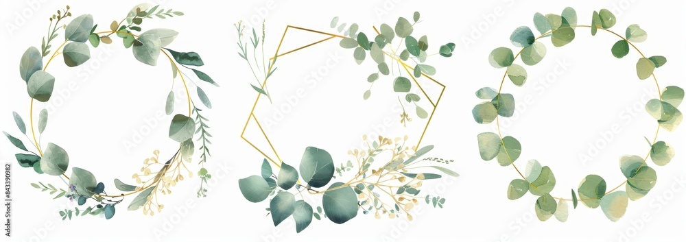 Wall mural a set of gold and green watercolor floral wreaths - Wall murals
