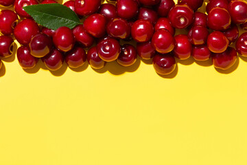 Ripe cherries or sweet cherries on a yellow background. Top view. Space for text.